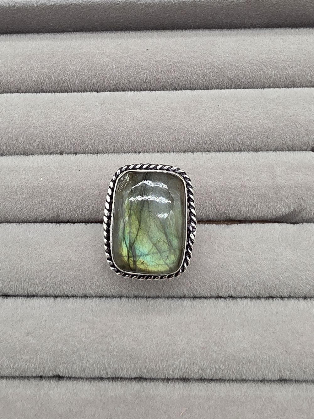 Labradorite Statement Ring Size 6 1/4 with Twisted Silver Plated Frame